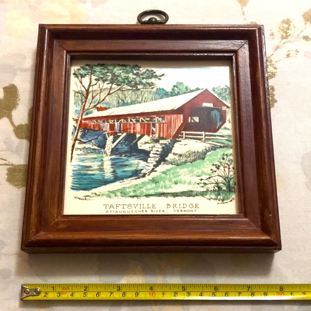 Vintage Porcelain Covered Bridge Tile/Trivet with Wood Frame